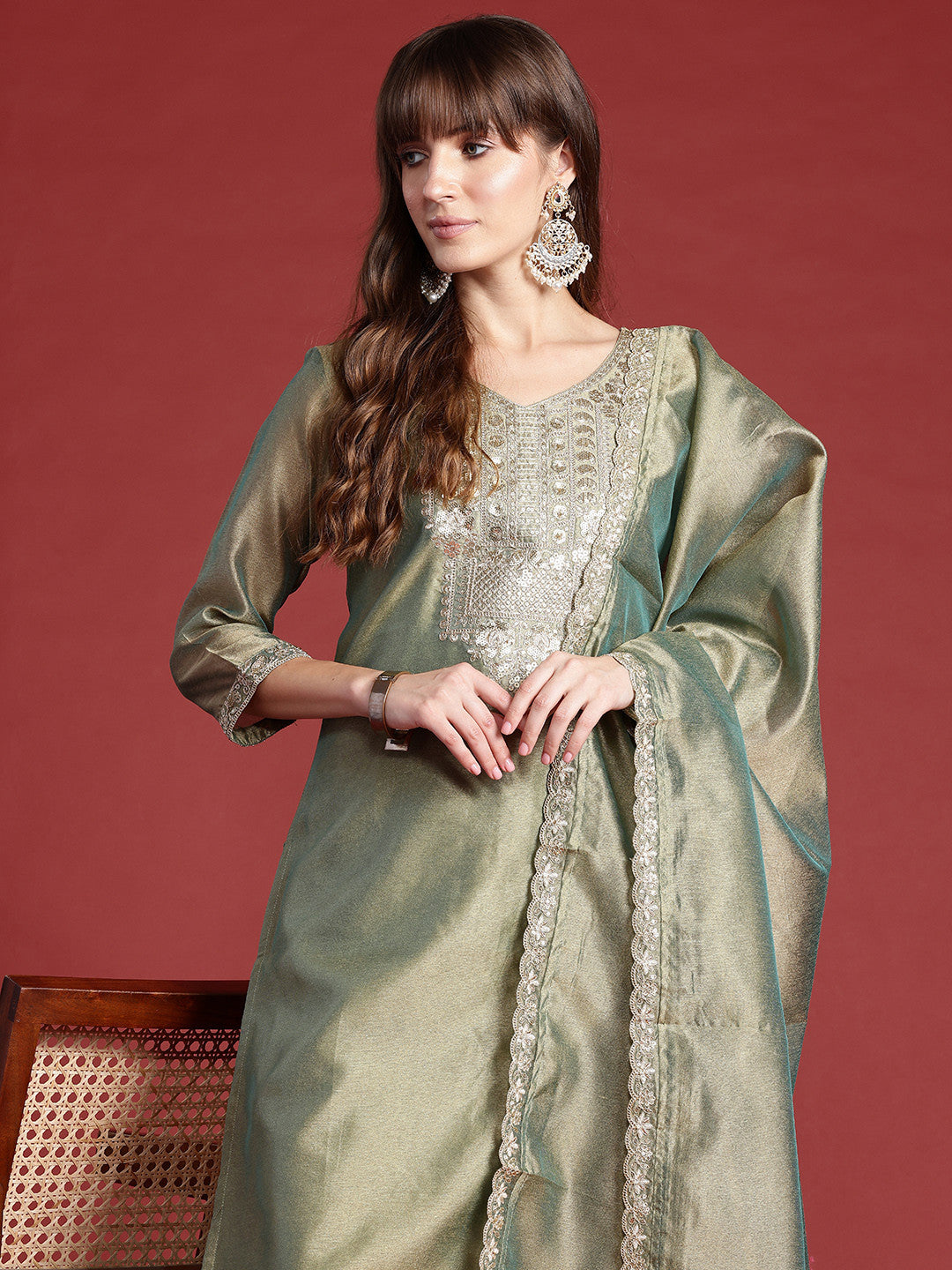 Ethnic Motifs Embroidered Sequinned Liva Republic Day Kurta With Trousers & Dupatta