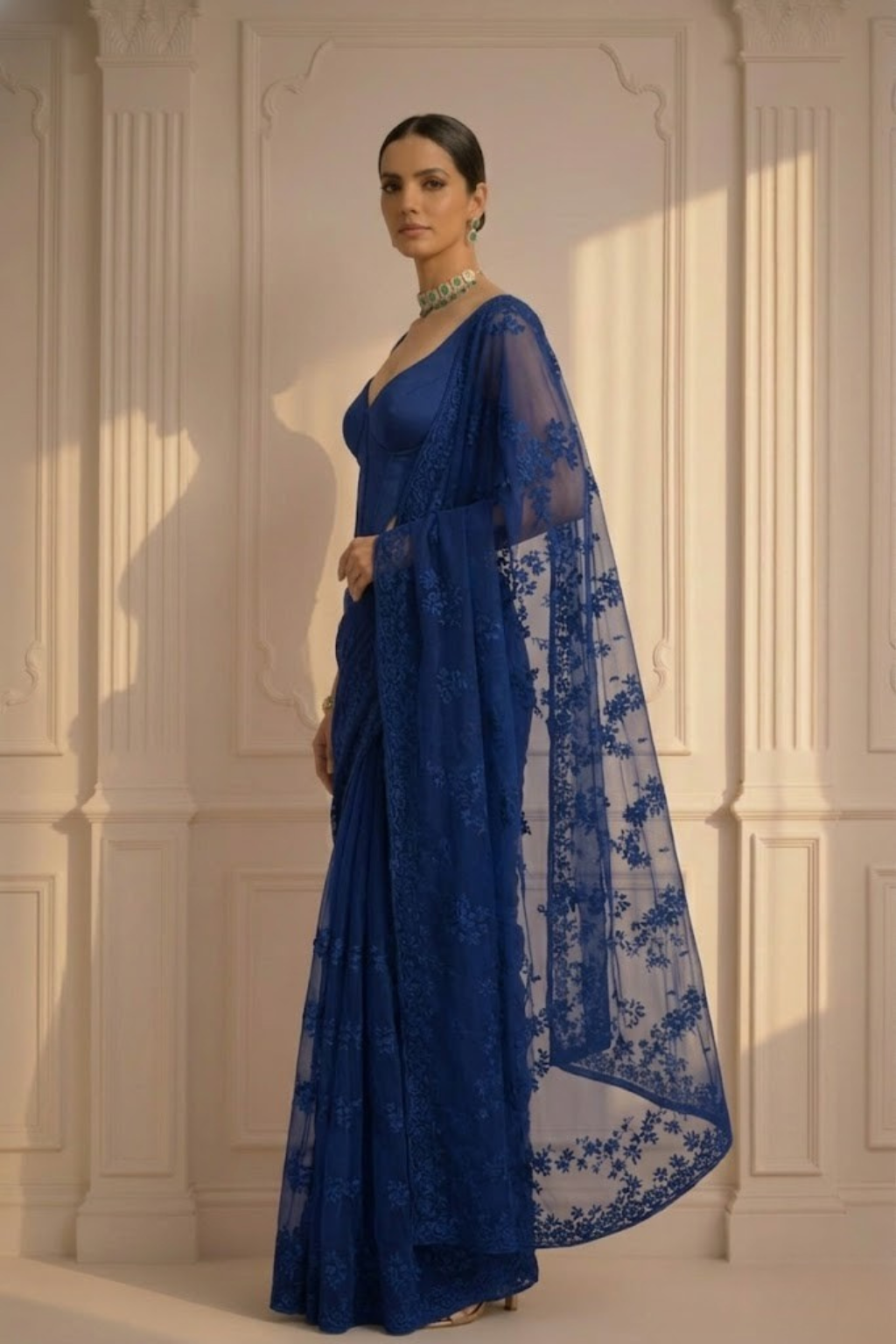 Dhiyona ST Prussian Blue Stripe Lace Saree with Sequin and Blouse Fabric