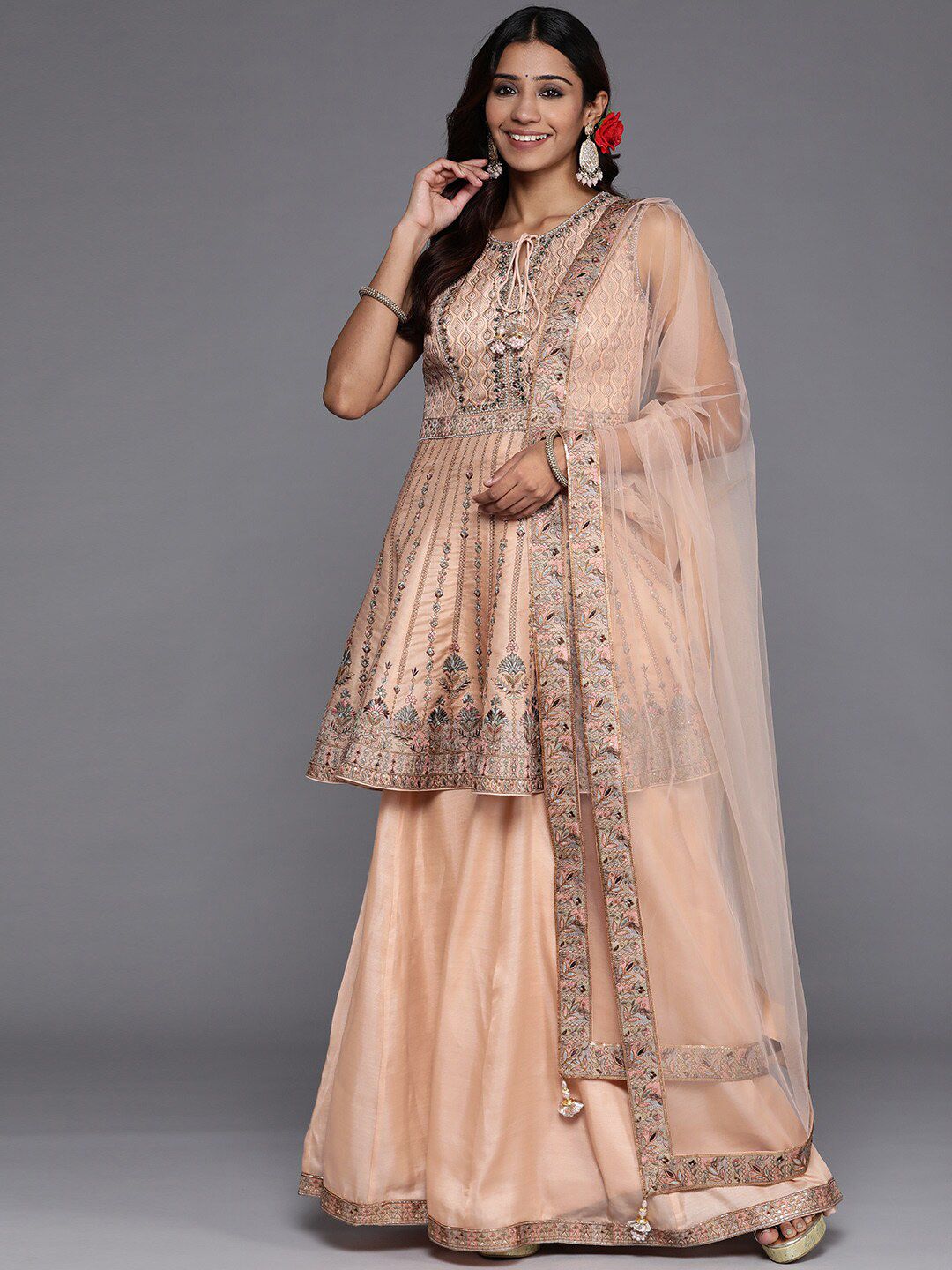 Dhiyona LL Libas Womens Peach Embroidered Silk Anarkali Kurti With Palazzos & Dupatta