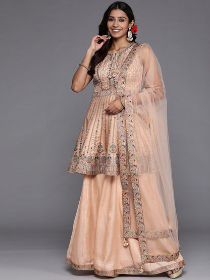 Dhiyona LL Libas Womens Peach Embroidered Silk Anarkali Kurti With Palazzos & Dupatta