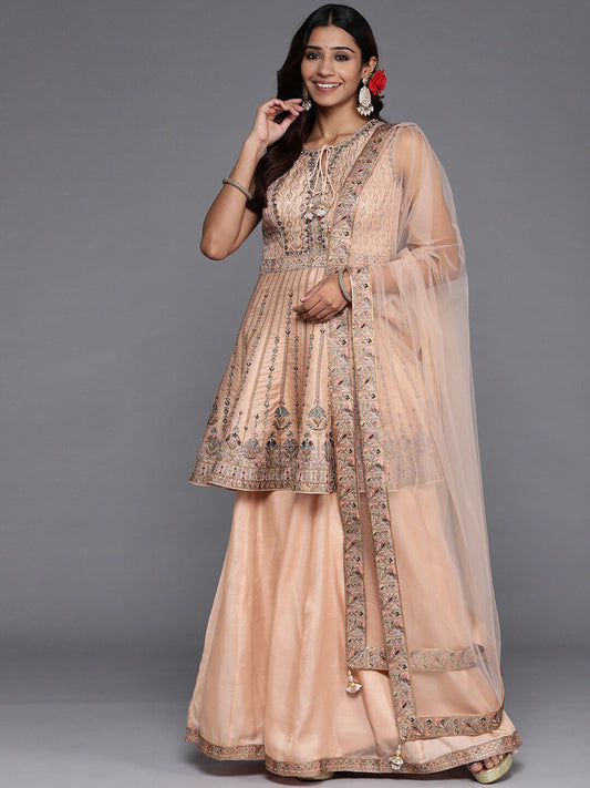 Dhiyona LL Libas Womens Peach Embroidered Silk Anarkali Kurti With Palazzos & Dupatta