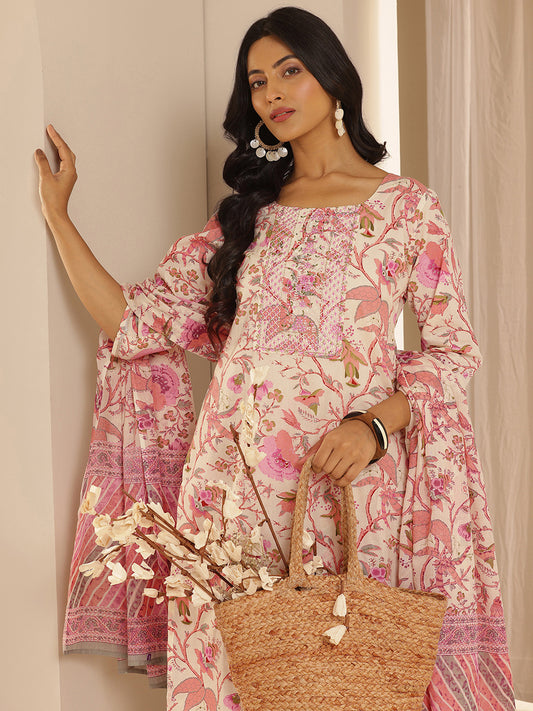 Floral Printed Thread Work Straight Kurta With Salwar & Dupatta
