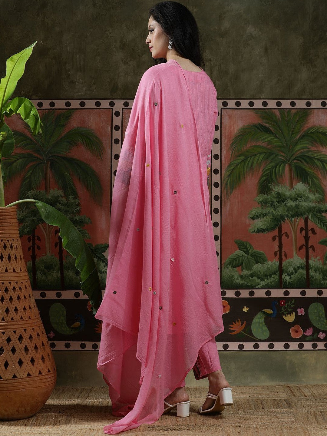 Embroidered Pure Cotton V-Neck Kurta & Trousers Kurta Sets