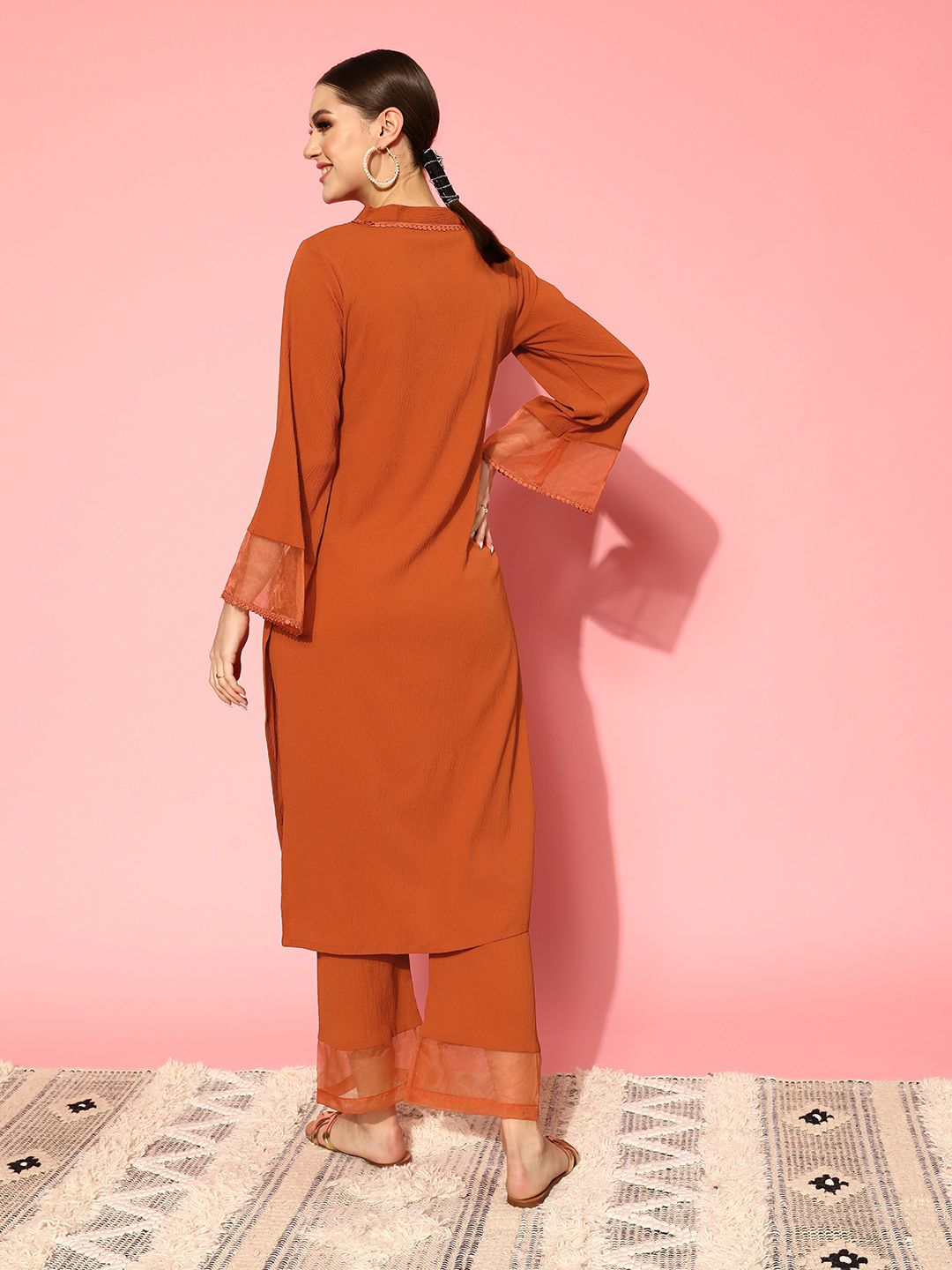 Rust Rust Flared Sleeve Organza detailed V Neck Textured Kurta with Palazzo