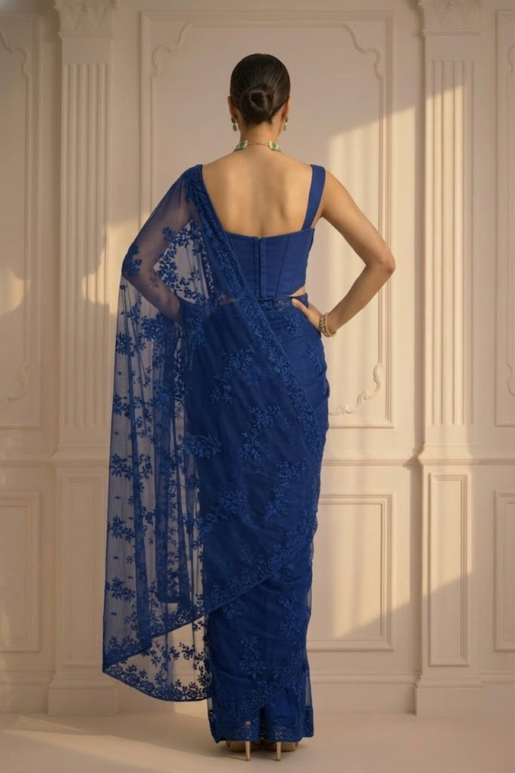 Dhiyona ST Prussian Blue Stripe Lace Saree with Sequin and Blouse Fabric