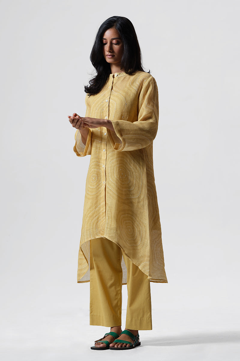 Women's Misted Yellow Linen Hand Embroidered Co-ord Set