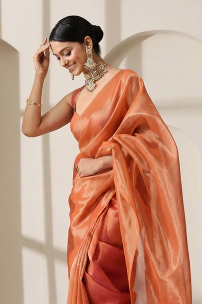 Dhiyona ST Rani Copper Banarasi Tissue Saree with Blouse Fabric