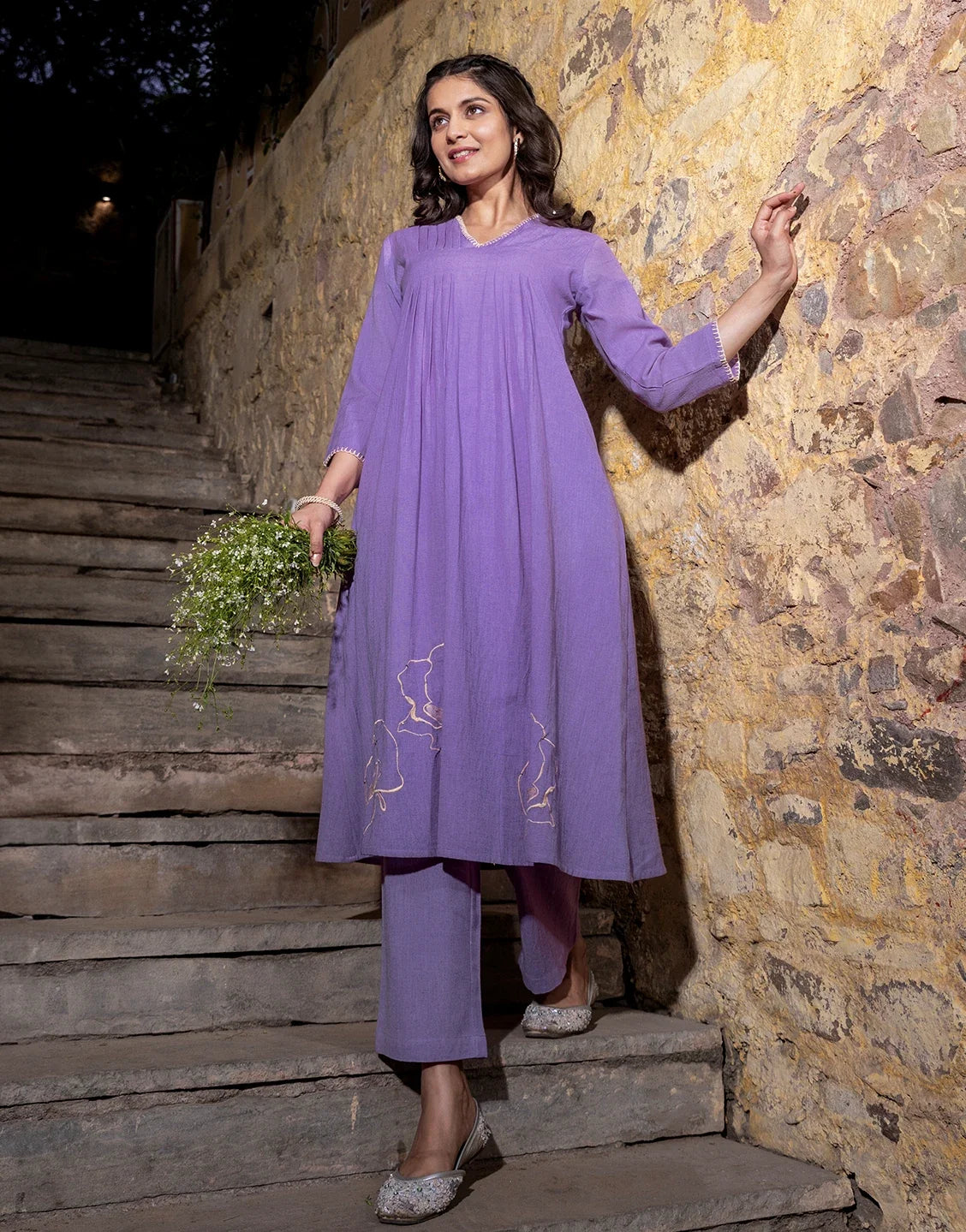 SNEHA LILAC COTTON EMBRODIERED KURTA PANT SET