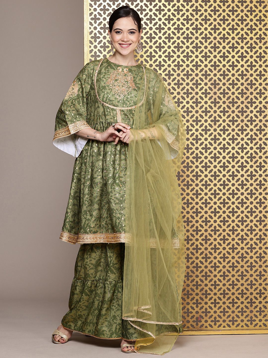 Dhiyona HOP Floral Printed Regular Sequinned Jashn Kurta with Sharara & Dupatta