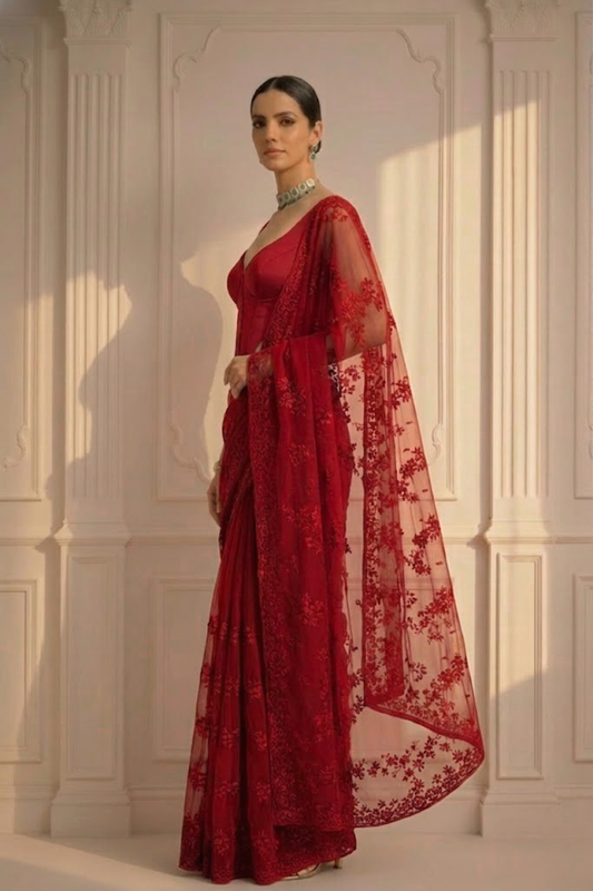 Dhiyona ST Red Stripe Lace Saree with Sequin and Blouse Fabric