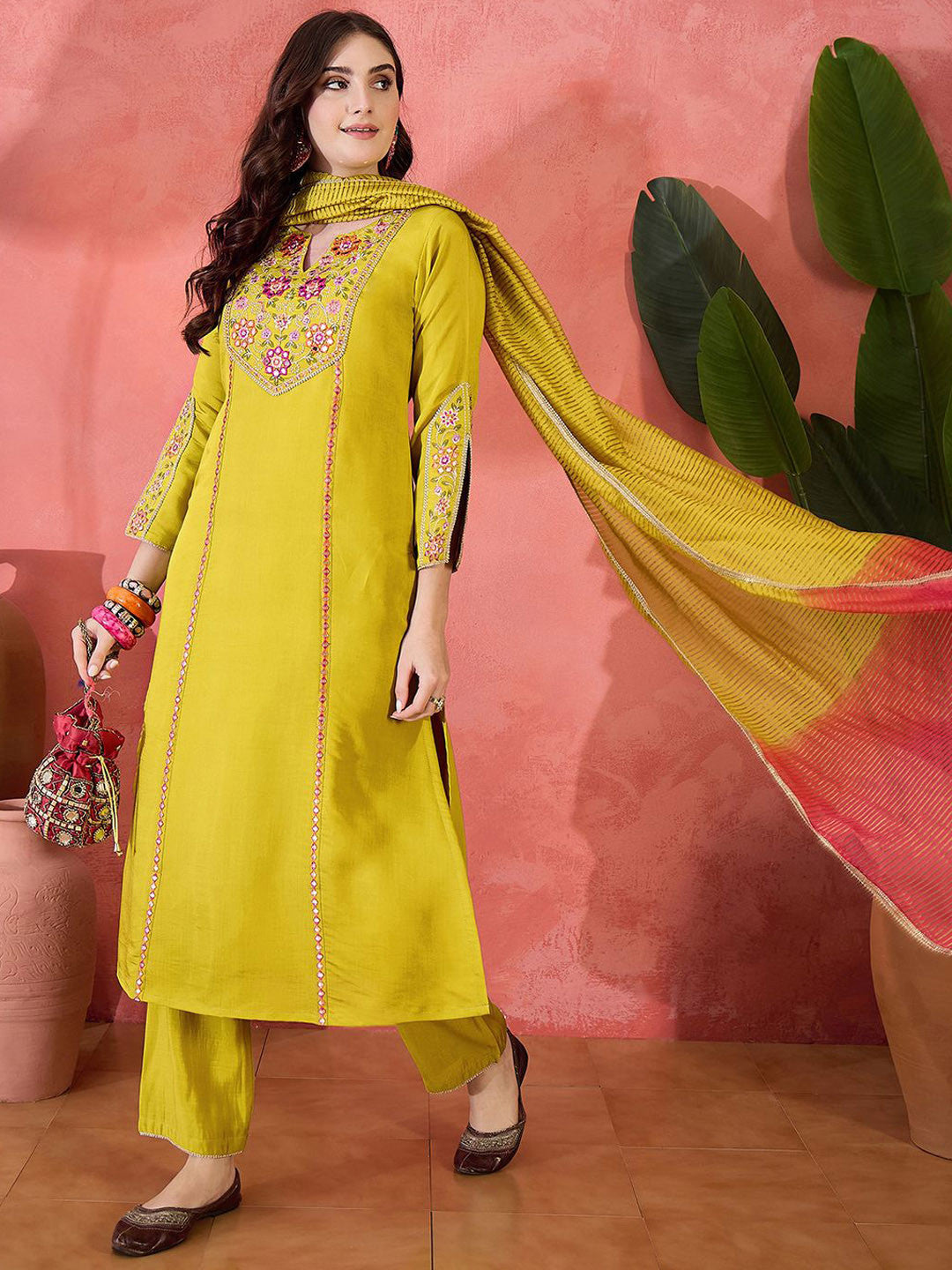 Floral Yoke Design Mirror Work Straight Kurta With Trousers & Dupatta