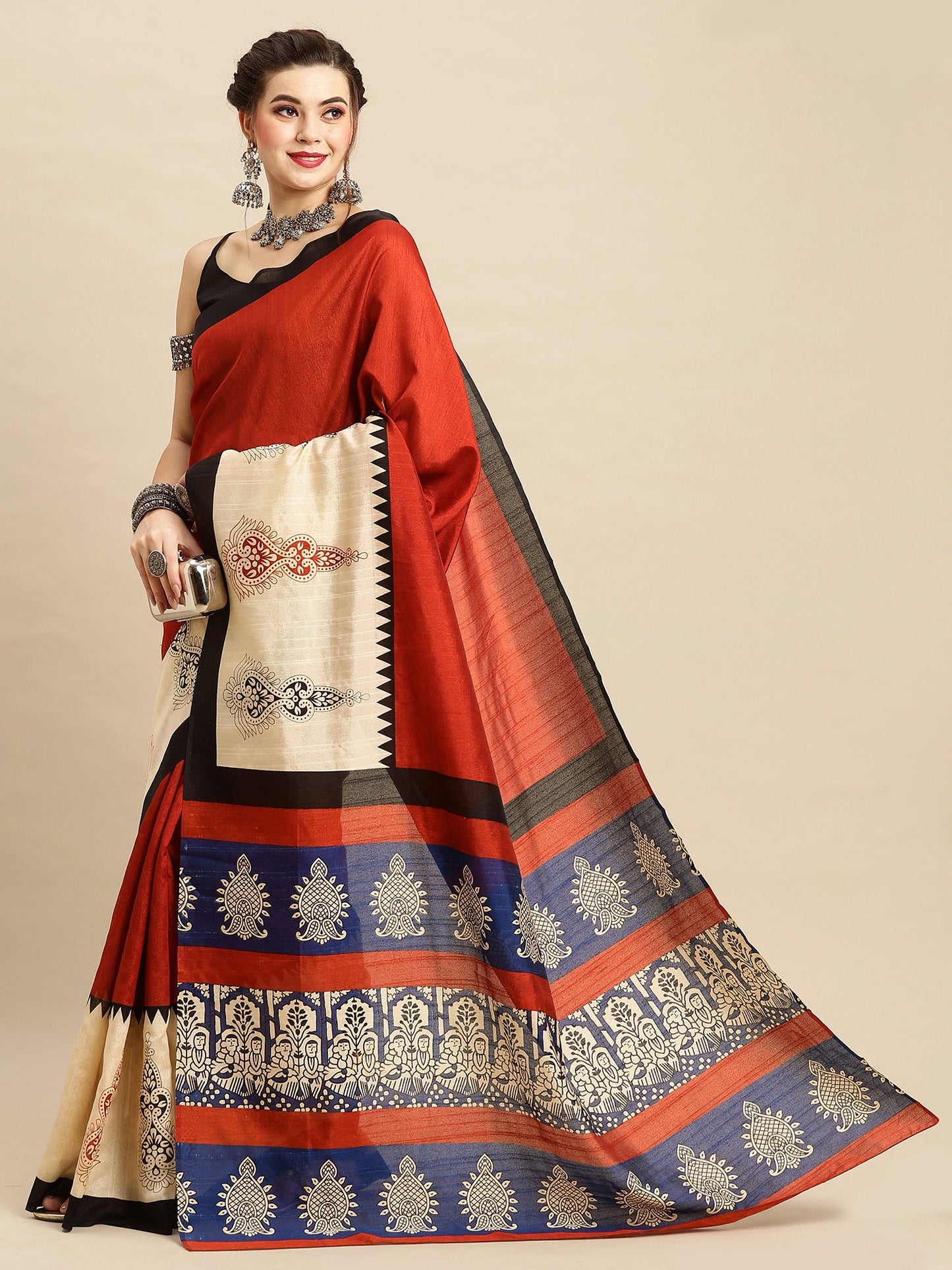 Women's Bhagalpuri Silk Rust Printed Designer Saree With Blouse Piece