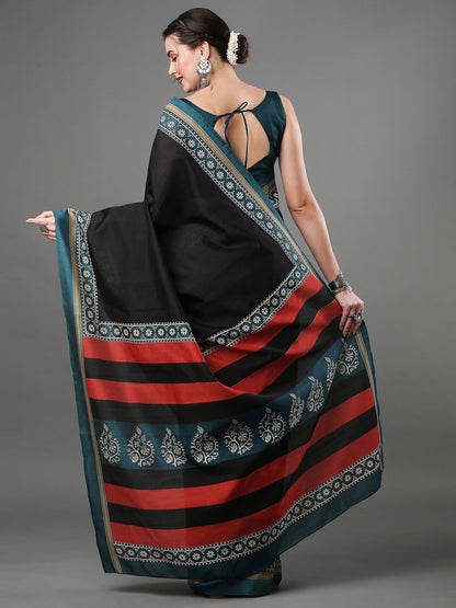 Women's Bhagalpuri Silk Black Printed Designer Saree With Blouse Piece