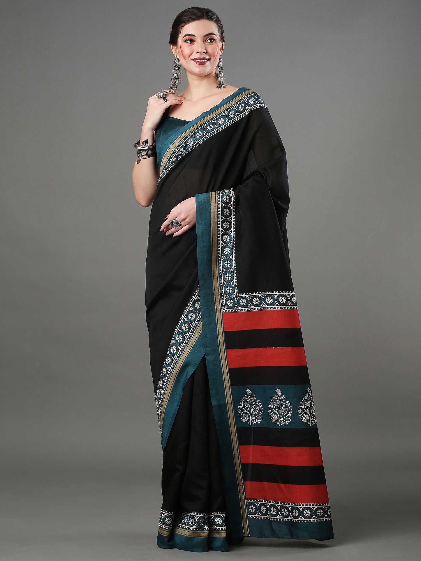 Women's Bhagalpuri Silk Black Printed Designer Saree With Blouse Piece