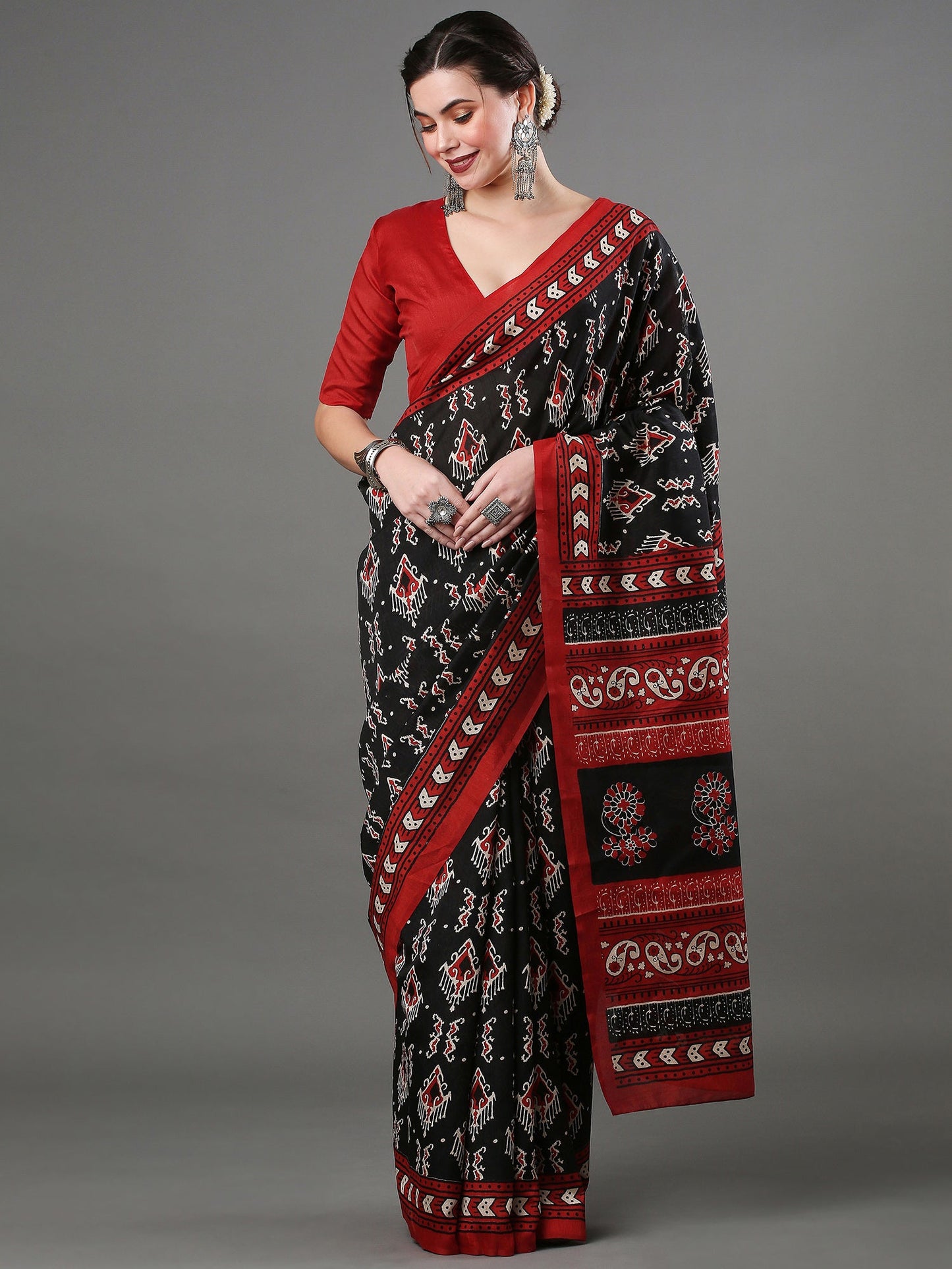 Women's Bhagalpuri Silk Black Printed Designer Saree With Blouse Piece