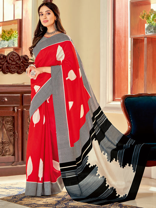 Women's Bhagalpuri Silk Red Printed Designer Saree With Blouse Piece