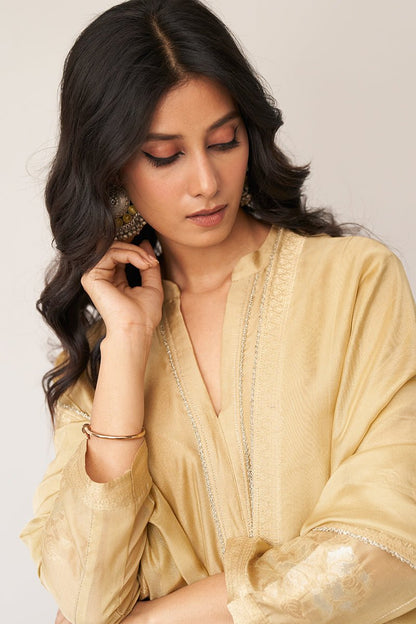 Women's Gold Beige Silk Jacquard Kurta Set