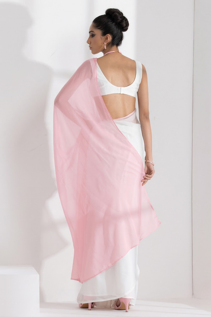 Dhiyona ST White with Pink Chiffon Saree and Blouse Fabric