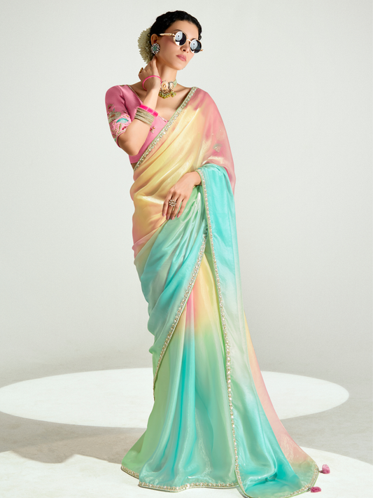 Dhiyona KM Women Rainbow Shade Organza Saree