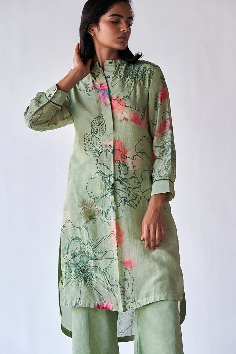 Women's Pistachio Floral Printed Bemberg Silk Co-ord Set