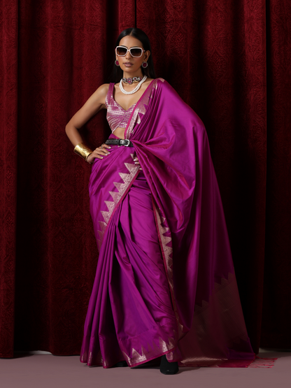 Dhiyona ST Banarasi Plum Temple Pure Silk Saree with Blouse Fabric