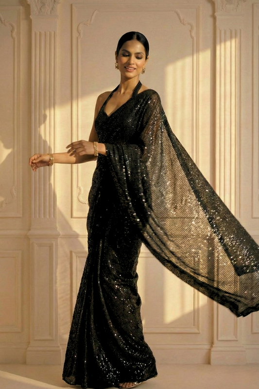 Dhiyona ST Black Muse Knitted Sequin Saree with Blouse Fabric
