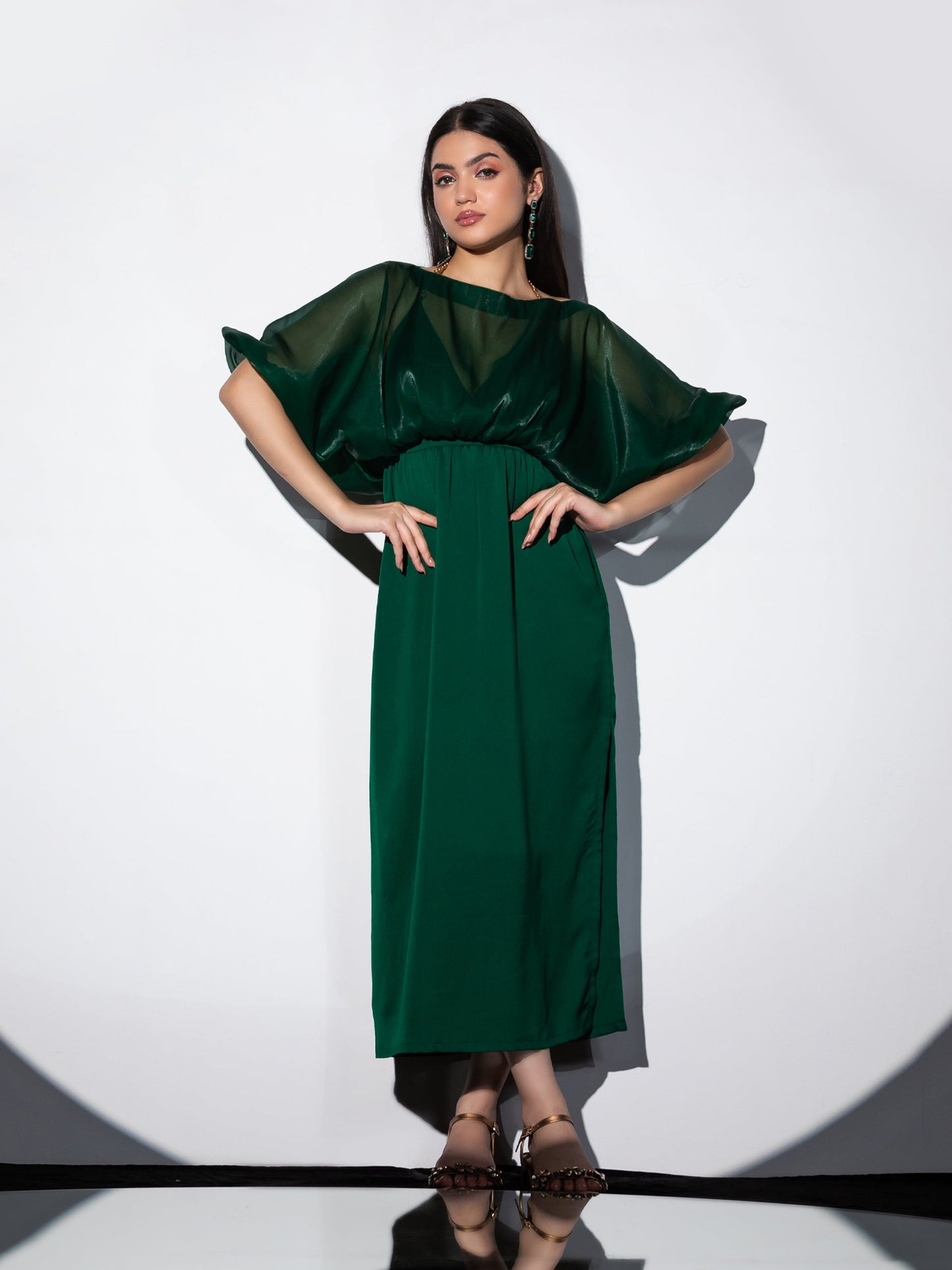Dhiyona ST Women's Metal Strap Korean Emerald Dress Set with Satin Organza Cape 2 Piece Set | A-Line, V Neck, Sleeveless, Partywear, (Satin Organza)