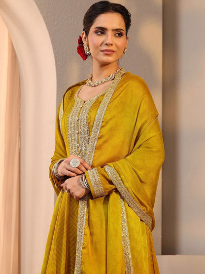 Mustard Embroidered Chiffon Anarkali Suit Set With Dupatta