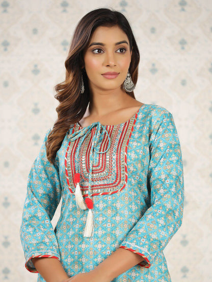 Dhiyona OD  Sea Green Ethnic Printed Tie-Up Neck Gotta Patti Straight Kurta