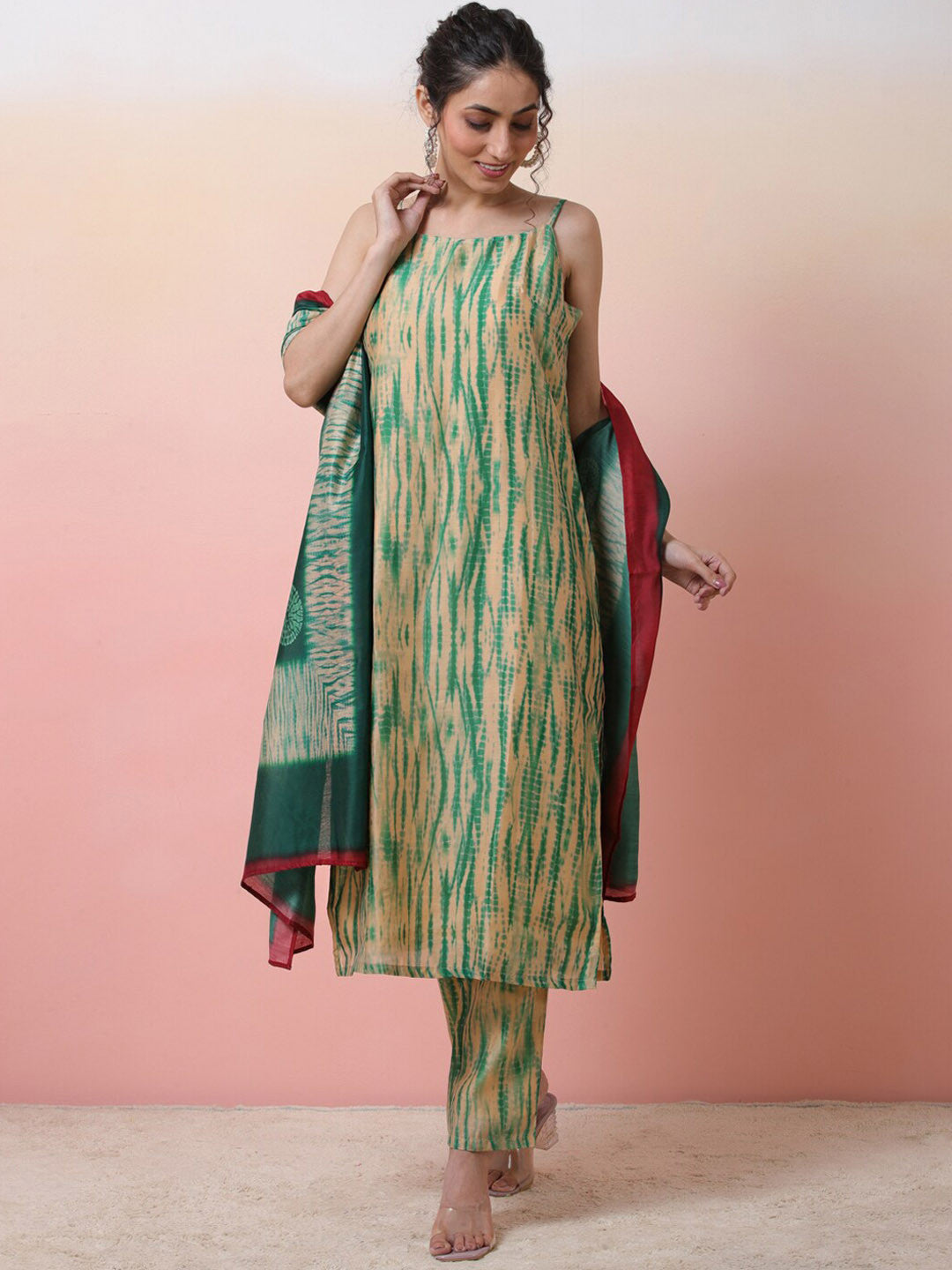 Abstract Printed Sleeveless Chanderi Silk Straight Kurta With Trousers & Dupatta