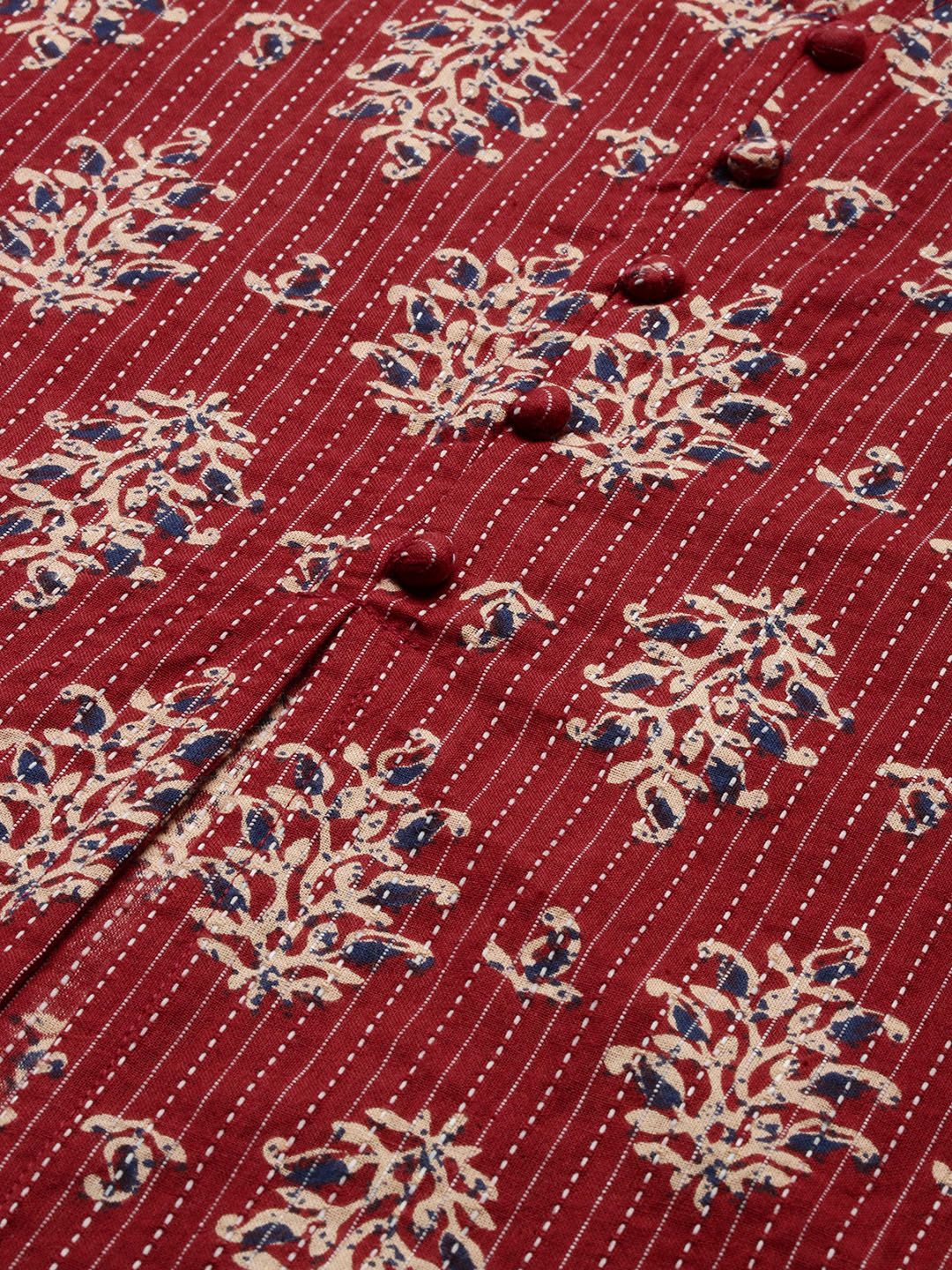 Dhiyona IS Women's Maroon Ethnic Motifs Printed High Slit Chanderi Cotton A-Line Kurta With Trousers