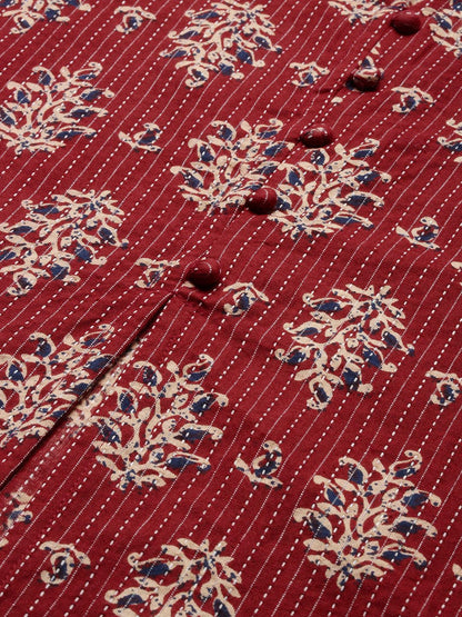 Dhiyona IS Women's Maroon Ethnic Motifs Printed High Slit Chanderi Cotton A-Line Kurta With Trousers