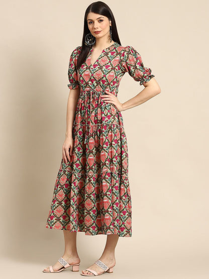 Dhiyona AY Women's Green & Pink Ethnic Motifs Printed Tiered Pure Cotton A-Line Midi Dress