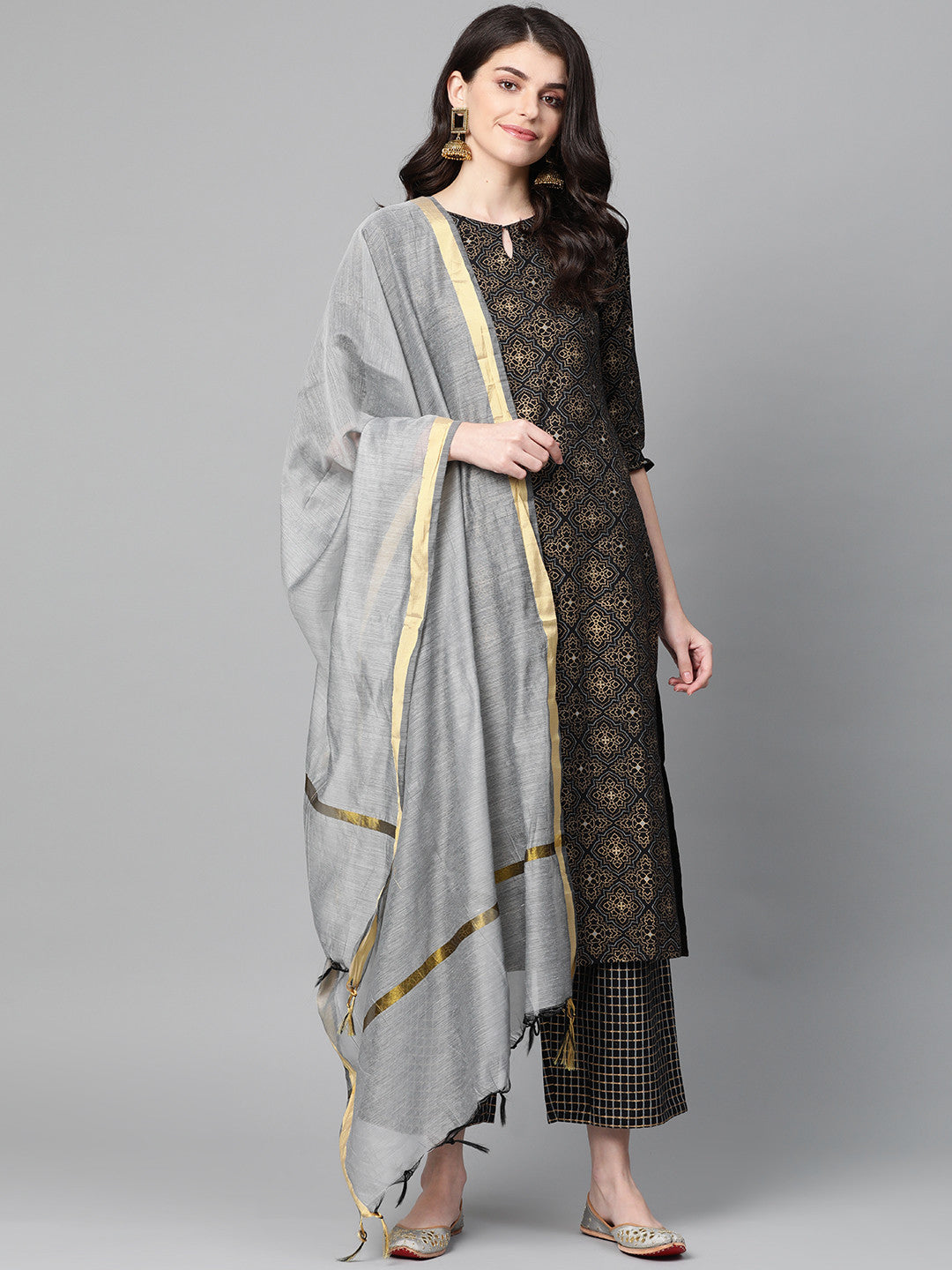 Women Black & Golden Foil Print Kurta with Palazzos & Dupatta