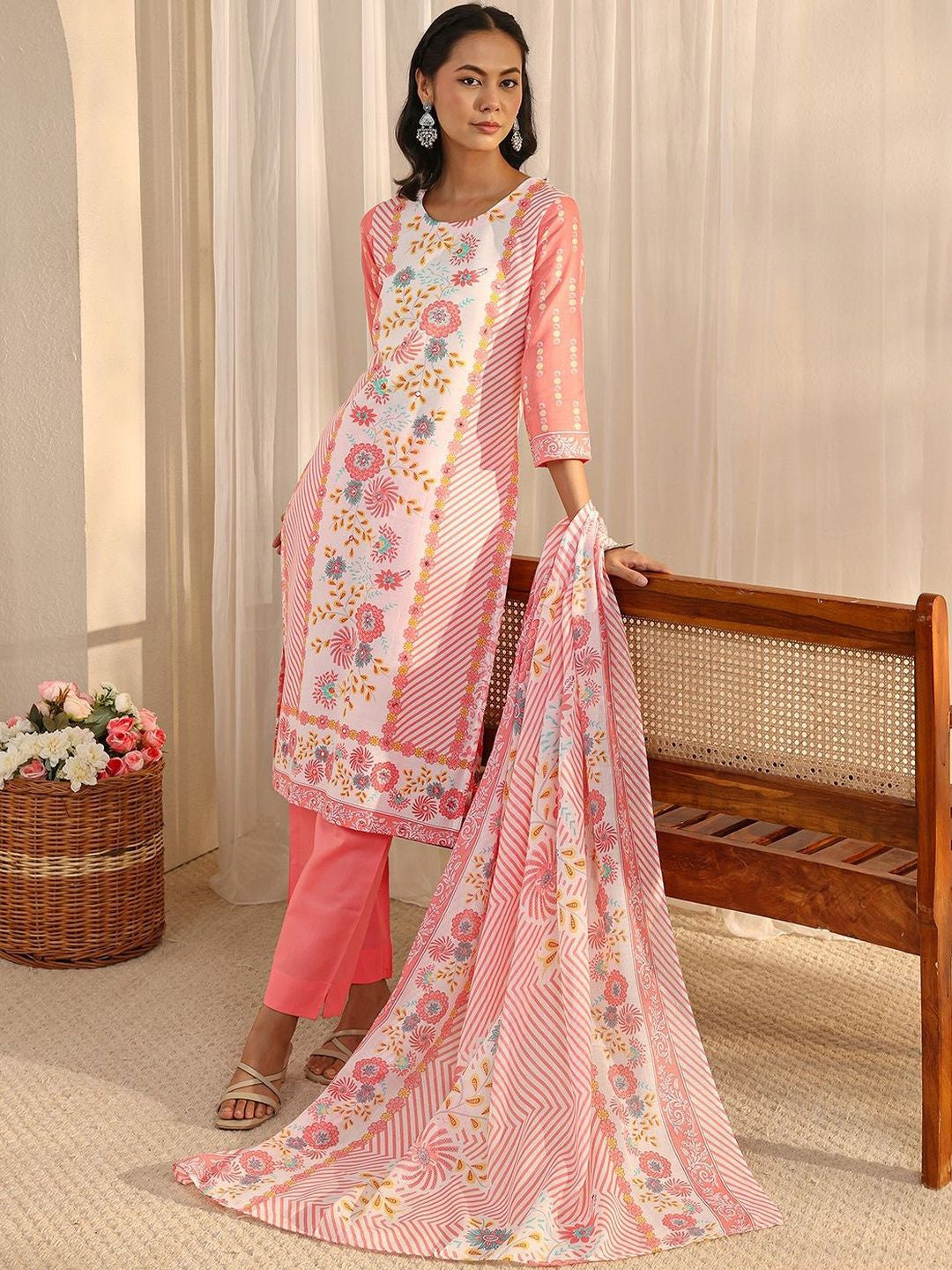 Dhiyona LB Peach Floral Printed Straight Suit Set with Dupatta