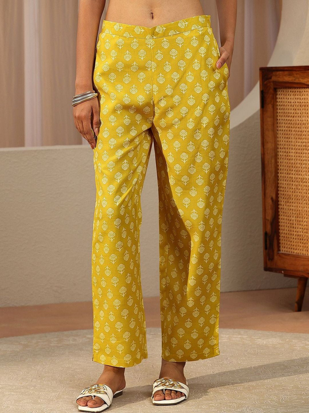 Lime Yellow Floral Printed Cotton Straight Suit Set