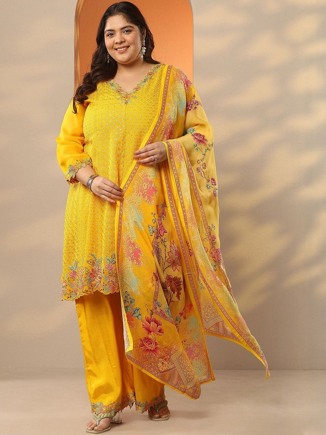 Dhiyona Women's Embroidered Thread Work Plus Size A-Line Kurta With Palazzos & Dupatta