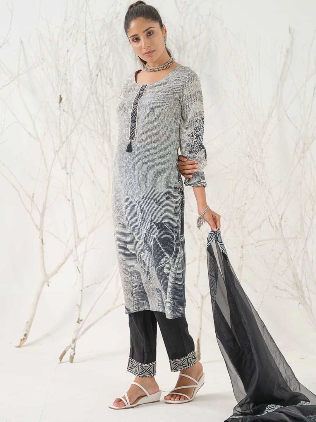 Dhiyona IS Women's Abstract Printed Linen Straight Kurta with Trousers & Dupatta