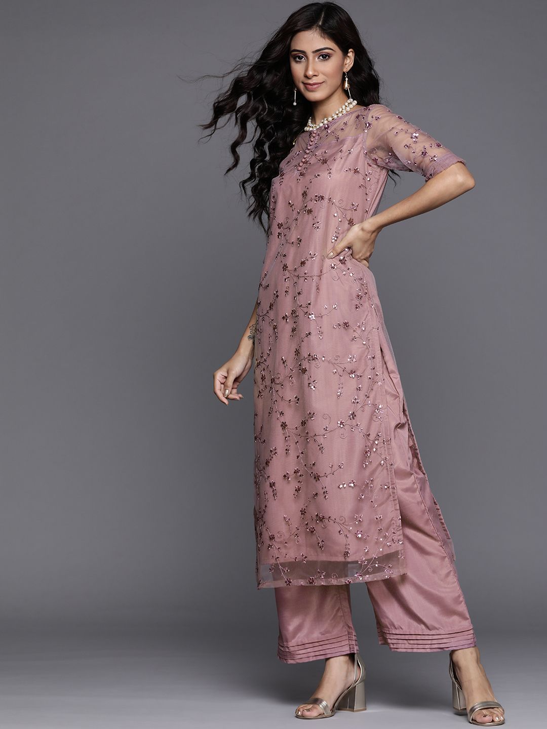 Dhiyona IN Women Mauve Net Floral Embroidered Sequinned Kurta with Palazzos & Dupatta