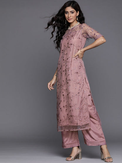 Dhiyona IN Women Mauve Net Floral Embroidered Sequinned Kurta with Palazzos & Dupatta