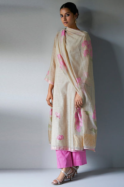 Women's Beige and Pink Woven Kurta Suit Set With Delicate Hand Work Detailing