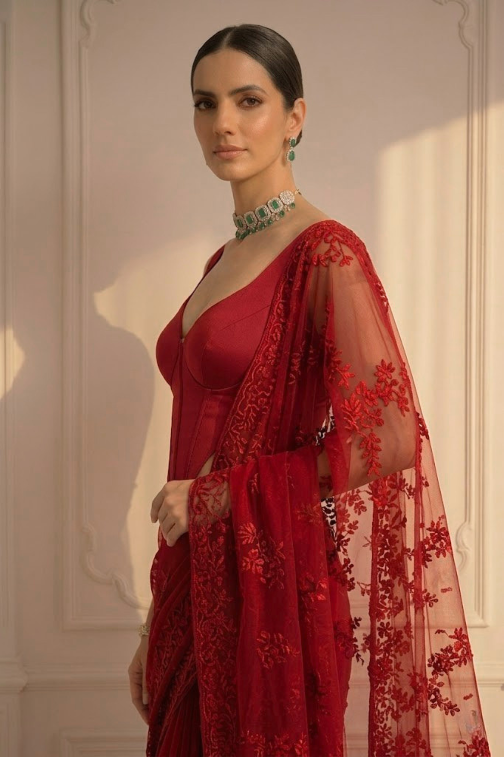Dhiyona ST Red Stripe Lace Saree with Sequin and Blouse Fabric