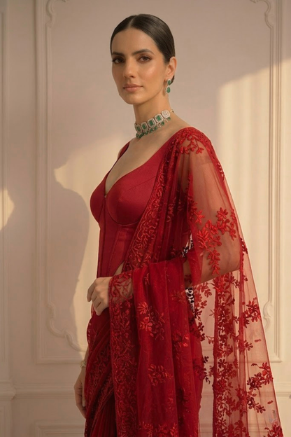 Dhiyona ST Red Stripe Lace Saree with Sequin and Blouse Fabric