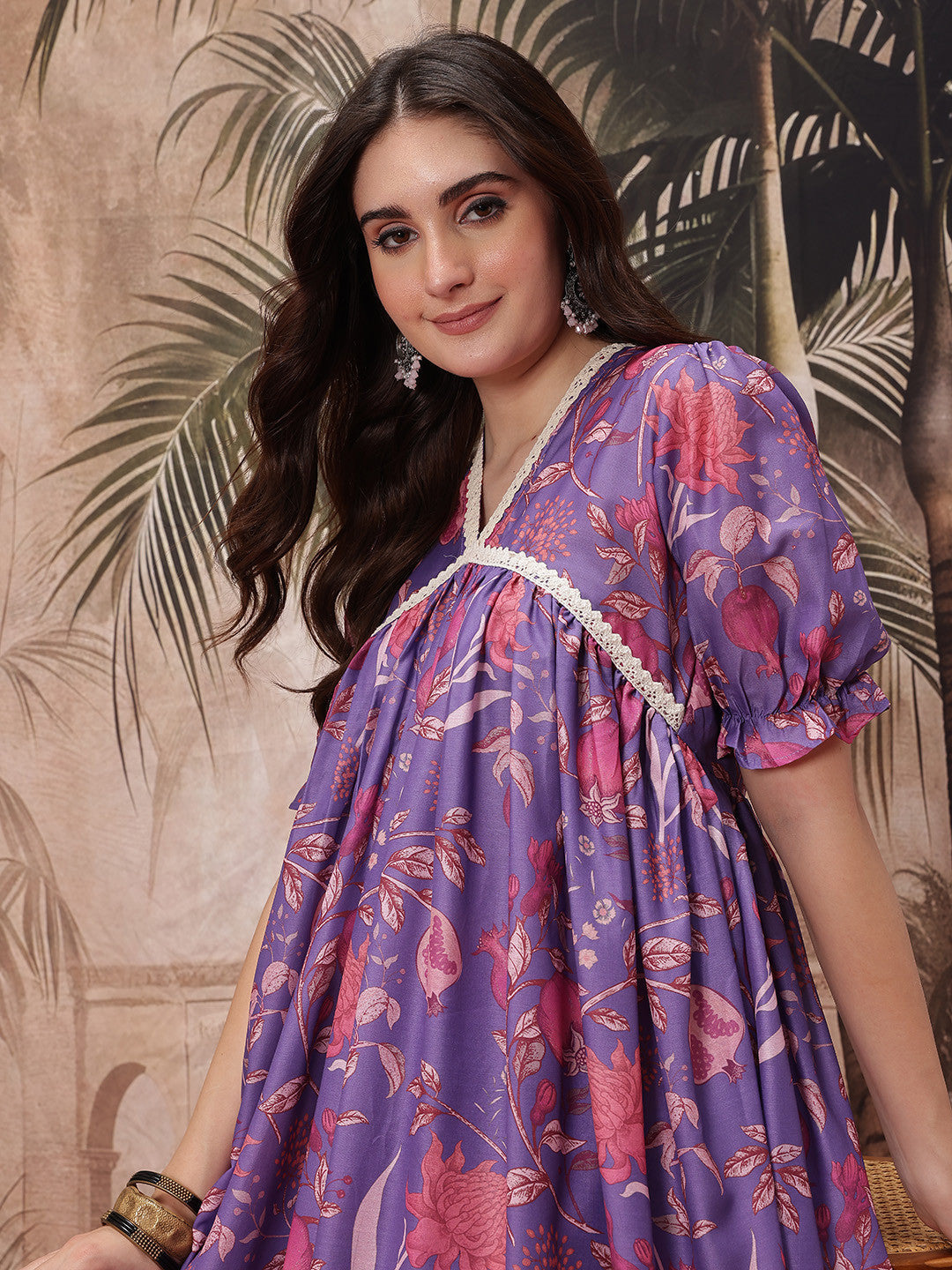 Floral Print Crochet Detail Kurta with Trousers