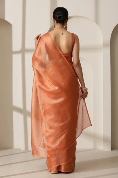 Dhiyona ST Rani Copper Banarasi Tissue Saree with Blouse Fabric