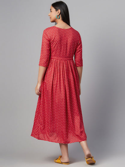 Dhiyona AY Women's Red & Off-White Ethnic Motifs Printed Maternity A-Line Dress