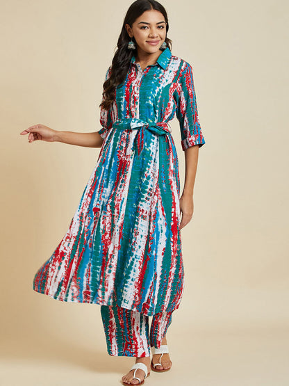 Tie & Dye Printed A-Line Kurta With Palazzo Set