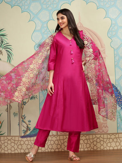 Dhiyona IS Women's Printed V-Neck Three-Quarter Sleeves Kurta with Trousers & With Dupatta