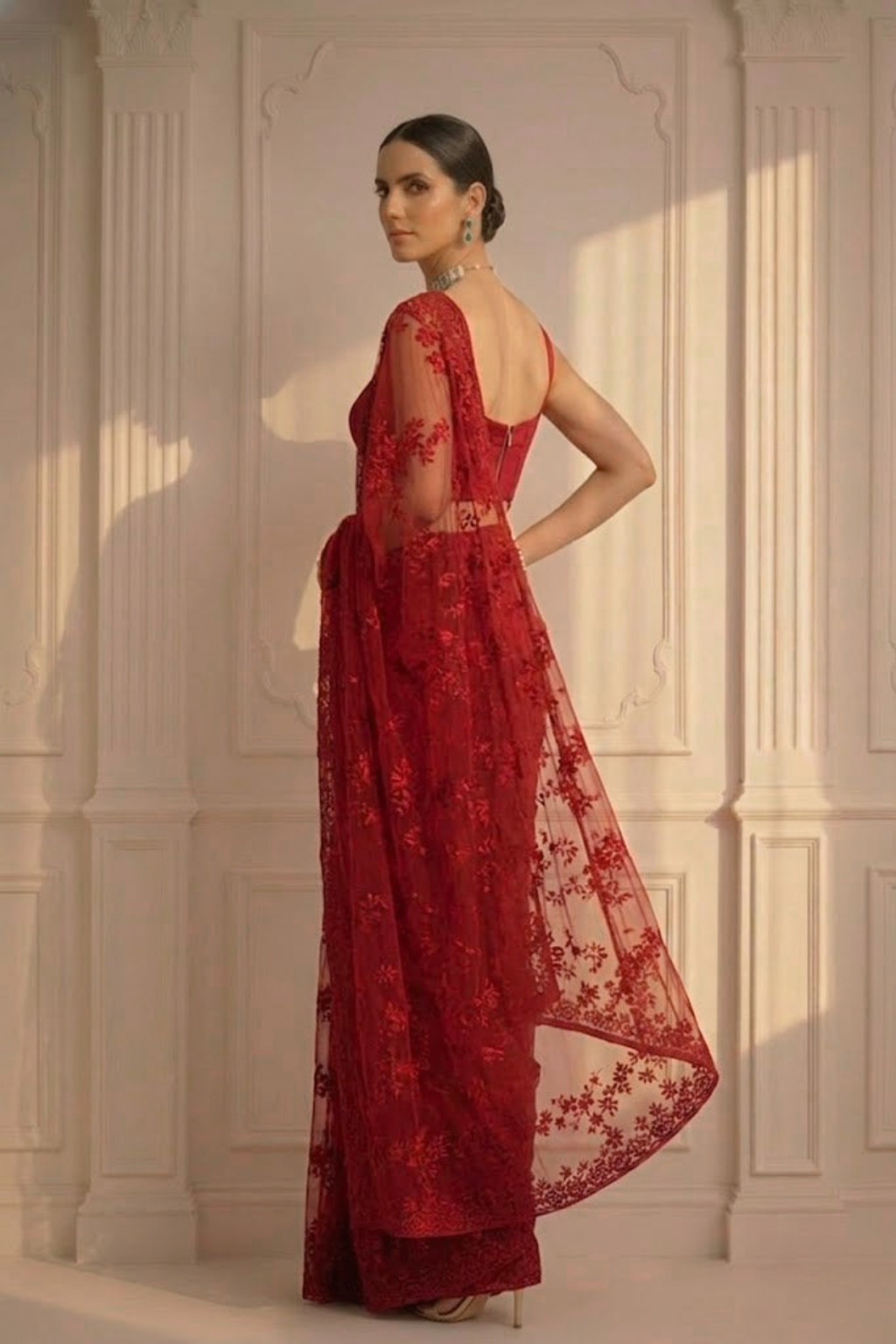 Dhiyona ST Red Stripe Lace Saree with Sequin and Blouse Fabric