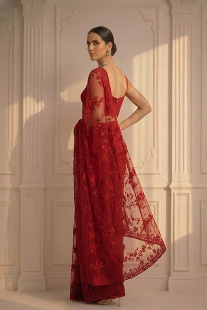 Dhiyona ST Red Stripe Lace Saree with Sequin and Blouse Fabric